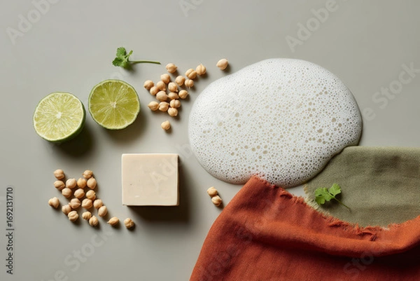 Fototapeta Natural skincare ingredients with lime, chickpeas, soap, and foam on neutral background