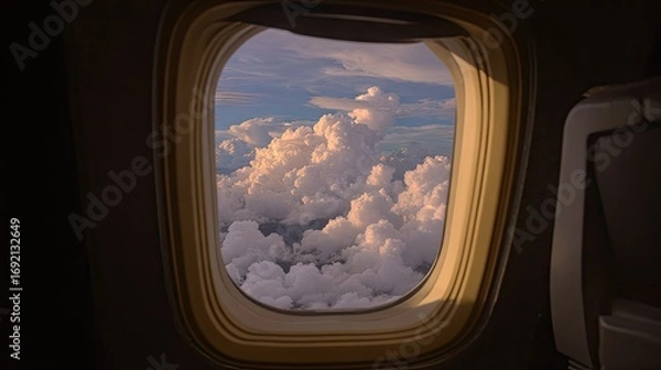 Fototapeta Flight through clouds at sunset captures the beauty of aviation soaring high above the horizon with striking colors illuminating the sky
