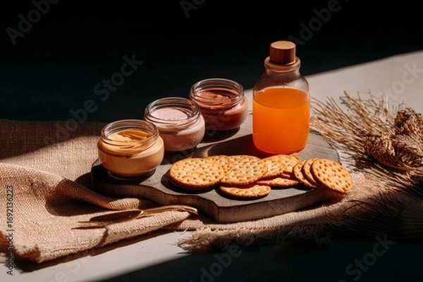 Fototapeta Rustic snack spread with crackers, jams, and juice in sunlit setting