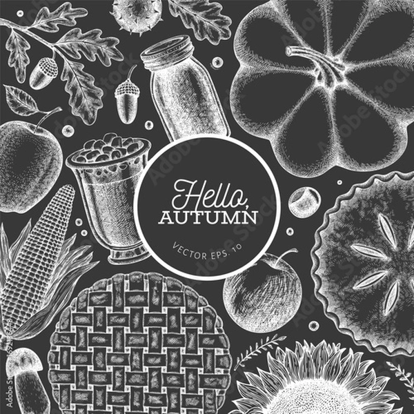 Fototapeta Hand Drawn Vector Autumn Illustration. Not AI Generated. Thanksgiving Chalk Board Background. Fall Season Cozy Mood Banner. Vintage Design Template.