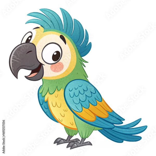 Fototapeta Cute cartoon parrot with colorful feathers on transparent background for tropical posters, children’s books, zoo branding and fun stickers