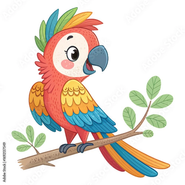 Fototapeta Cute cartoon parrot with colorful feathers on transparent background for tropical posters, children’s books, zoo branding and fun stickers