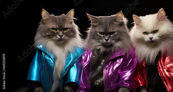 Fototapeta Creative animal concept. Group gang of siberian cat kitten kitty in neon bright sparkly rock punk colour outfit, copy text space. commercial, editorial advertisement party invitation invite	

