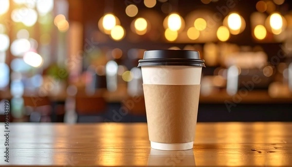 Obraz A warm cup of coffee with a blurred background of a cozy cafe, perfect for morning relaxation or a quick break
