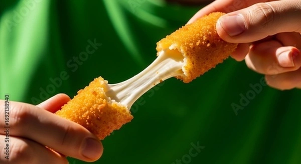 Fototapeta Crispy mozzarella stick pulled apart with melted cheese, vibrant green background, snack photography for indulgent food styling and trendy branding