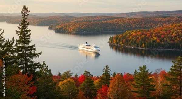 Fototapeta Serene Autumn Landscape with Cruise Ship Sailing through Calm Waters Surrounded by Vibrant Foliage
