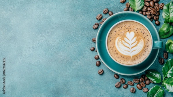 Fototapeta Top-down view of vibrant latte art coffee cup on teal background, adorned with scattered roasted coffee beans and fresh green leaves, perfect for cozy morning beverage concept.