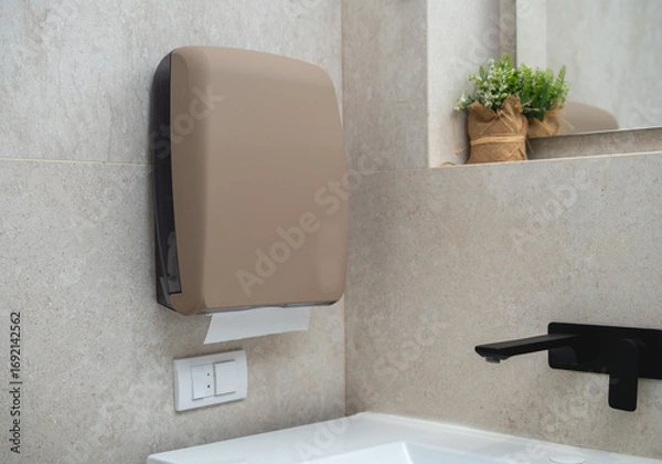 Fototapeta Sandy texture paper towel dispenser in modern bathroom