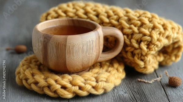 Fototapeta Warm autumnal tea with knitted cozy