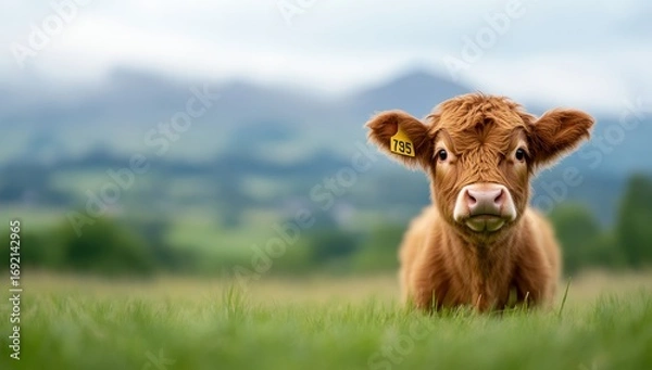 Obraz A young Highland calf with a yellow ear tag gazes calmly from a lush green pasture, mountains softly blurring in the background