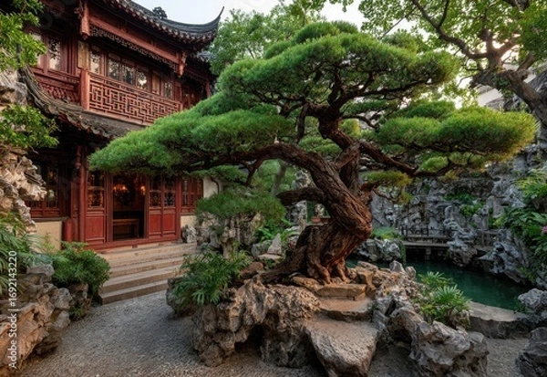 Obraz Asian garden scene with a large bonsai, traditional architecture