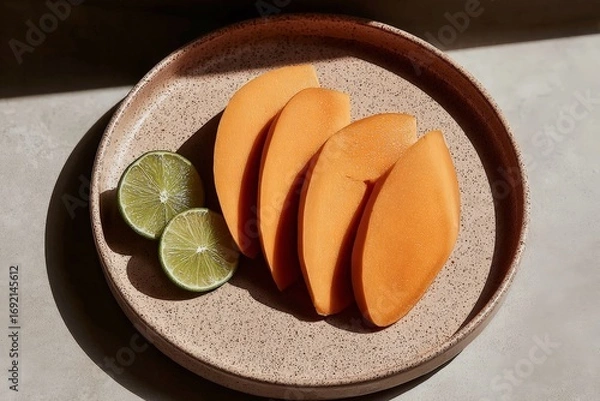 Fototapeta Fresh sliced mango and lime on a ceramic plate in sunlight