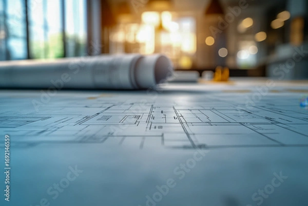 Fototapeta Detailed architectural blueprints spread on a table with rolled plans. Engineering construction project design in a bright office workspace.