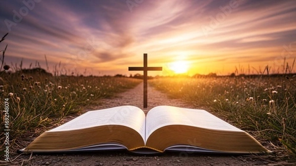 Obraz Open Bible, Cross, and sunset path: faith journey