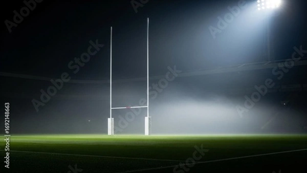 Obraz Rugby goalposts on misty field under stadium lights