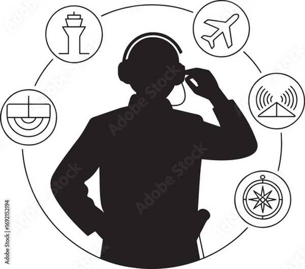 Fototapeta Air Traffic Controller Silhouette with Aviation Icons on Transparent Background Vector