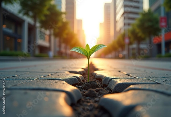 Obraz A tiny plant growing through a crack in a futuristic city sidewalk, soft sunset light