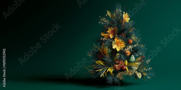 Fototapeta Christmas tree with golden ornaments standing on a flat green surface, with empty background, evoking a festive yet elegant holiday vibe.