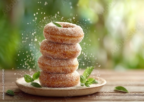 Fototapeta stack of cinnamon-sugar apple cider donuts on a small plate