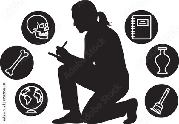Fototapeta Female Archaeologist Silhouette with Artifacts and Bones on Transparent Background