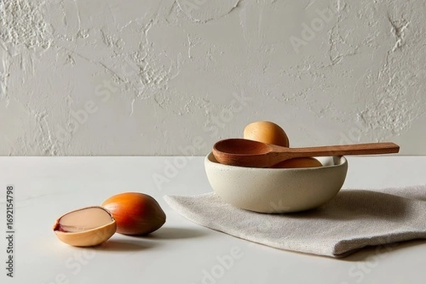 Fototapeta Rustic coconut bowl with wooden spoon and fresh salak fruit on textured background