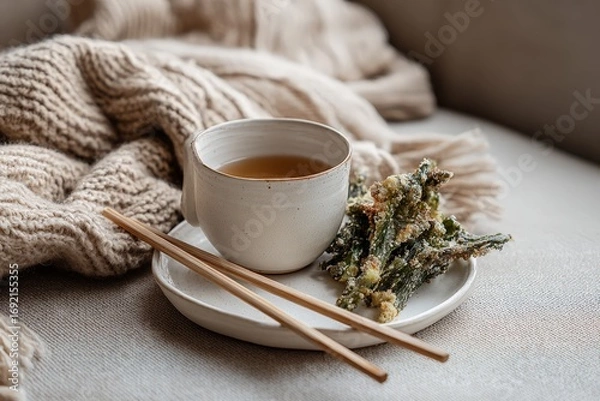 Fototapeta Cozy autumn setting with tea and crispy kale snacks on a knitted blanket