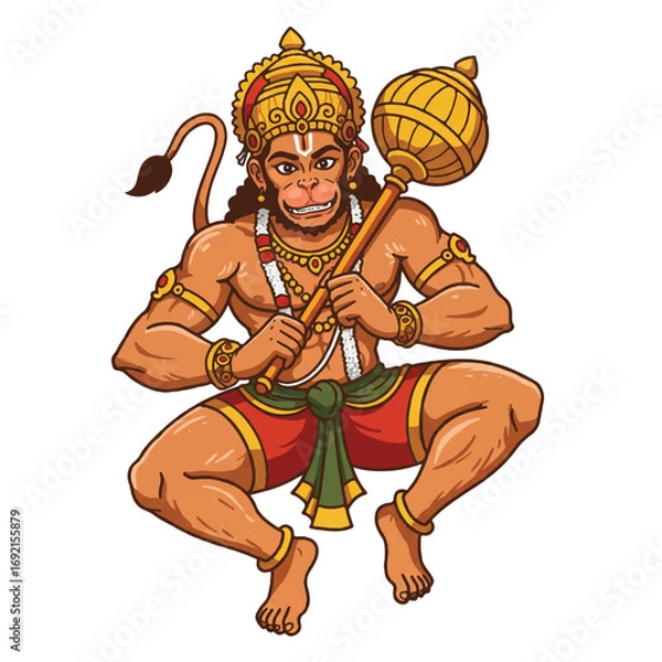 Fototapeta A vibrant flat 2D vector illustration showcases the powerful Hindu deity Hanuman, depicted as a revered monkey god with a majestic aura, set against a pristine white background.