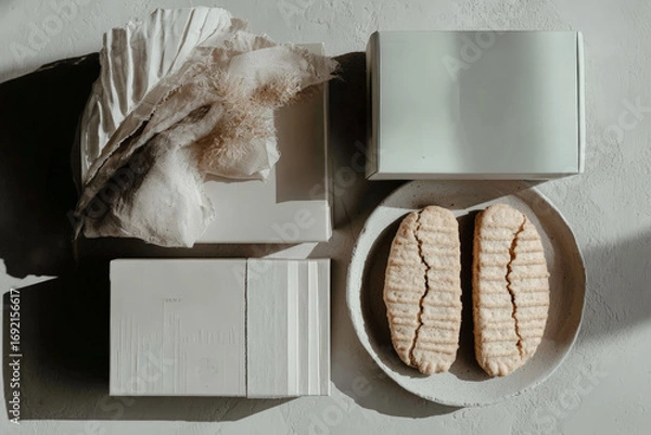 Fototapeta Minimalist still life with decorative boxes, fabric, and cookies on a plate