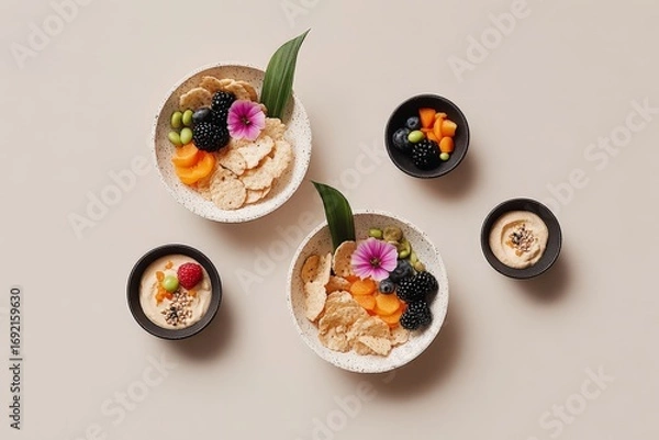 Fototapeta Colorful breakfast bowls with fruits and edamame on neutral background