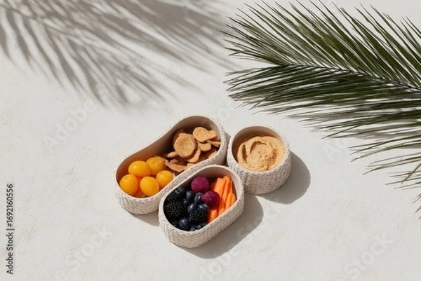 Fototapeta Healthy snack bento with fresh fruits and nuts on textured background