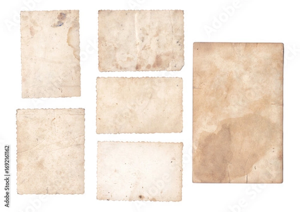 Fototapeta Six vintage old photos texture with visible stains, aged yellowed details, back side. Retro brown photo frames isolated on white abckground