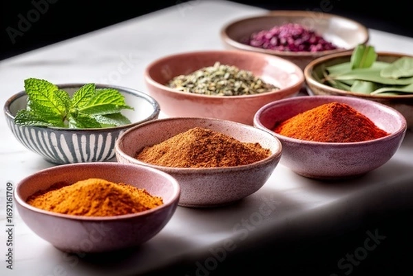 Fototapeta Assortment of vibrant spices and fresh herbs in colorful bowls on marble surface