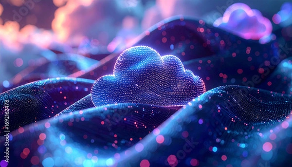 Fototapeta Cloud Data Landscape: Futuristic visualization of digital clouds, representing data storage and cloud computing, with glowing textures in a vivid landscape.