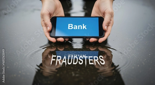 Fototapeta Phone fraud with mobile device displaying bank name and reflection of 'Fraudsters' in water, warns of risks. Phone fraud is a serious issue, showcasing digital scams and cybersecurity threats.