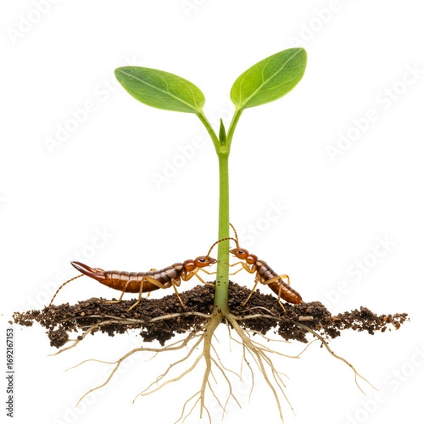 Fototapeta Young plant seedling with green leaves and visible roots soil with two earwig insects near stem showing natural growth