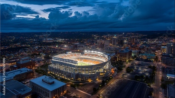 Fototapeta Aerial view of a brightly lit football stadium in a city at dusk, surrounded by buildings and a parking lot. The sky is dark blue with hints of clouds.