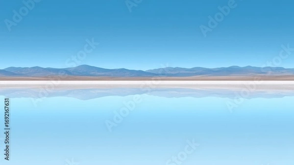 Fototapeta A cool morning in a salt flat, mirror-like water reflecting distant mountains, surreal and minimalist mood, fine art nature photography