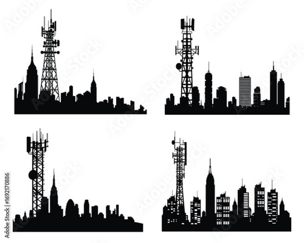 Obraz Cell tower and antenna tower silhouette with city skyline, urban telecommunication and network signal tower illustration, communication technology and modern cityscape vector design on white backgroun