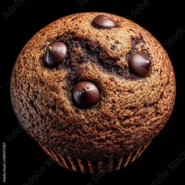Fototapeta Delicious chocolate chip muffin topped with melty chocolate pieces against a dark background