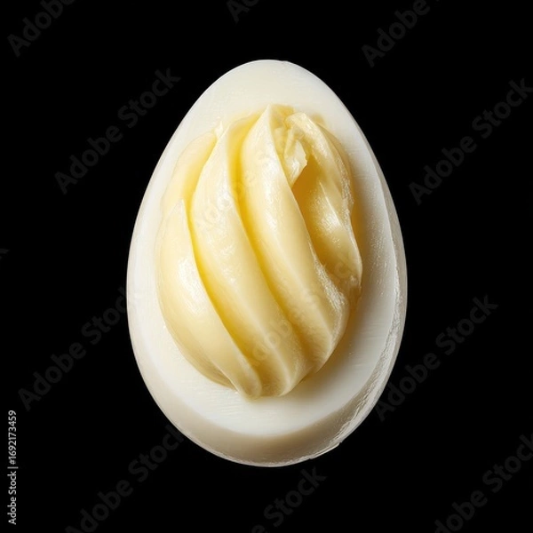 Fototapeta Unique presentation of butter shaped like a boiled egg set against a black background