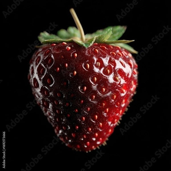 Fototapeta Fresh ripe strawberry suspended against a black background showcasing its vibrant color and texture