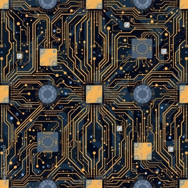 Fototapeta The image depicts a detailed close up of a printed circuit board with a black background and intricate gold colored conducting pathways