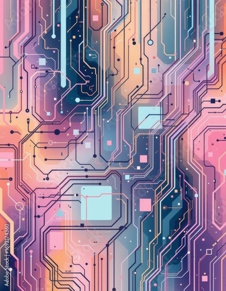 Fototapeta The image features an abstract, futuristic design resembling a circuit board with interconnected lines and geometric shapes