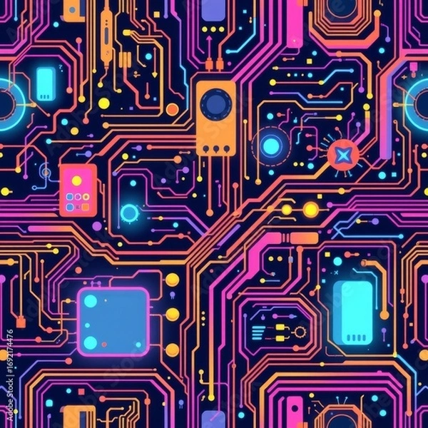 Fototapeta The image depicts a vibrant and abstract digital circuit board with a colorful, neon inspired color palette