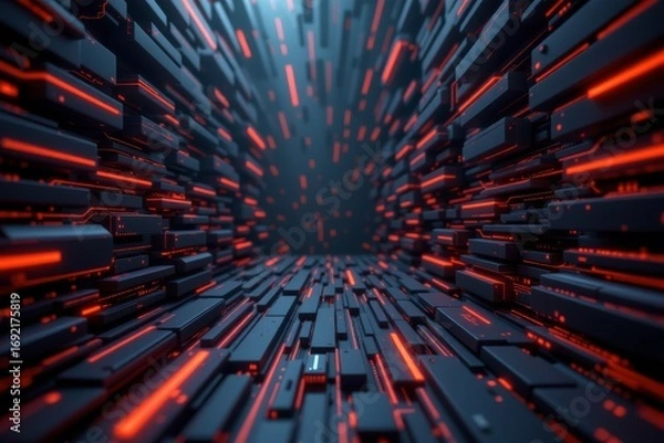 Fototapeta The image depicts a futuristic tunnel composed of numerous rectangular panels and lines, creating a sense of depth and motion toward a central vanishing point
