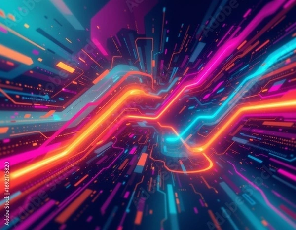 Fototapeta The image features a dynamic, futuristic scene with vibrant neon lines and digital light streaks racing through a dark background