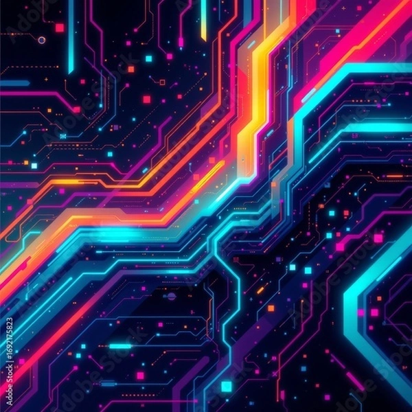 Fototapeta The image features a vibrant, futuristic circuit board design with glowing lines and pathways in bright neon colors, including blue, pink, orange, and purple