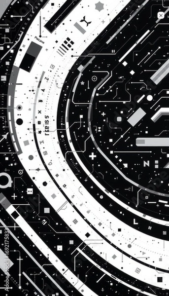 Fototapeta The image features a futuristic, digital circular interface filled with various geometric shapes, lines, and symbols, giving it a high tech appearance