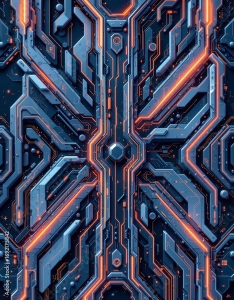 Fototapeta The image depicts a highly detailed, futuristic circuit board or technological interface with intricate pathways and connections