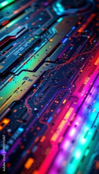 Fototapeta The image displays a close up view of a futuristic circuit board illuminated with vibrant, multicolored LED lights in shades of blue, pink, green, and orange